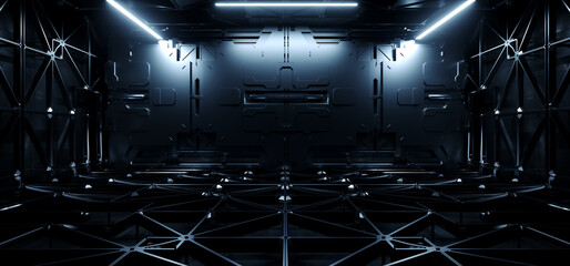 Modern Alien Spaceship Room Garage Hangar Warehouse Sci Fi Futuristic Metal Mesh Panels Structure Stone Floor Studio Showroom Garage Laser Glowing Lights 3D Rendering