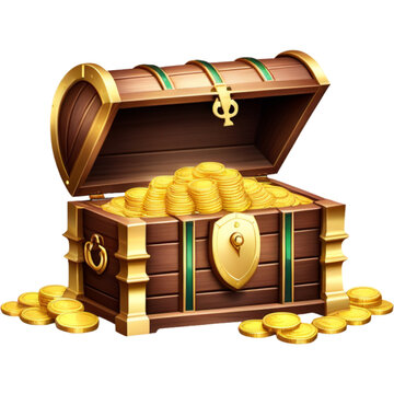 Wooden treasure chest with gold coins