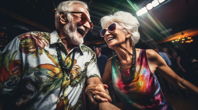 Older Senior Couple Having A Great Time Laughing And Dancing Wearing Bold Colorful Outfits