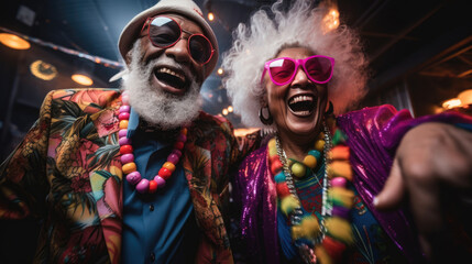 Older senior couple having a great time laughing and dancing wearing bold colorful outfits