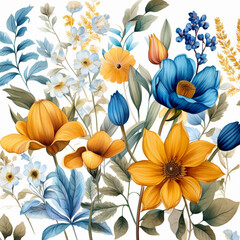 watercolor botanical blooms pattern , in the style of mixes realistic and  amber, english countryside scenes, pastoral charm, 