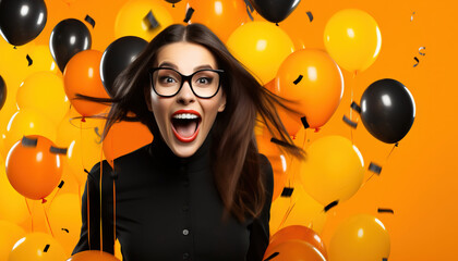 Close up photo beautiful lady surprise black friday prices wear red dress isolated yellow background banner

