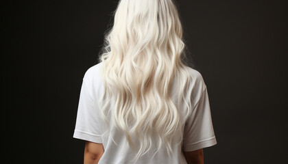 Silky platinum blonde hair cascading down a woman's back, set against a contrasting dark backdrop, highlighting the waves and texture - obrazy, fototapety, plakaty