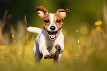 Jack Russell Terrier dog running in the grass on a sunny day, Jack russell terrier dog in a car on the road, AI Generated - obrazy, fototapety, plakaty
