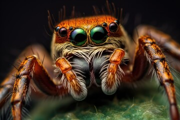 Jumping spider close-up. Macro photography of jumping spider, jumping spider macro close up on dark background, AI Generated