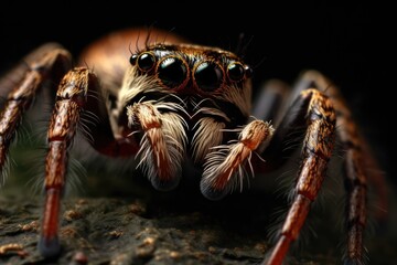 jumping spider close up on black background with low key lighting, jumping spider macro close up on dark background, AI Generated - Powered by Adobe