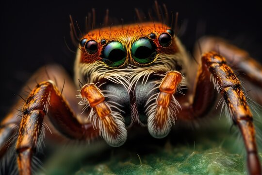 Jumping spider close-up. Macro photography of jumping spider, jumping spider macro close up on dark background, AI Generated