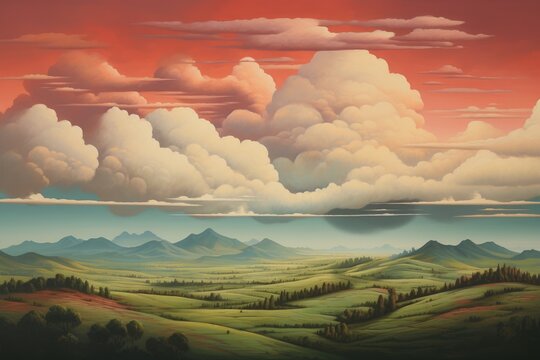 Beautiful landscape with mountains, lake and clouds. Digital painting, landscape with clouds, AI Generated