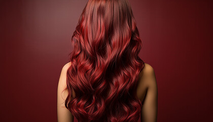 Sultry burgundy waves cascade down, shimmering vibrantly against a matching deep red backdrop, highlighting the hair's depth and elegance - obrazy, fototapety, plakaty