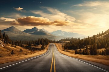 Highway in the mountains. Dramatic sunset sky. 3d rendering,   Long highway road landscape in a...