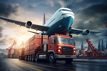 Logistics and transportation of goods by truck and lorry with container cargo, Logistics and transportation of goods by ship, airplane, truck and container, AI Generated