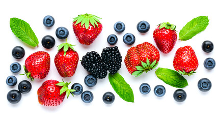 Berries of strawberries, blackberries, blueberries and mint leaves on a white background top view.