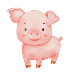 Cute watercolor piglet character. Hand drawn illustration isolated on white background. Funny Farm animal for kids