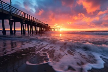 Sunset over Huntington Beach Pier, Los Angeles, California, USA, long tall pier at sunset, small waves rolling in, AI Generated