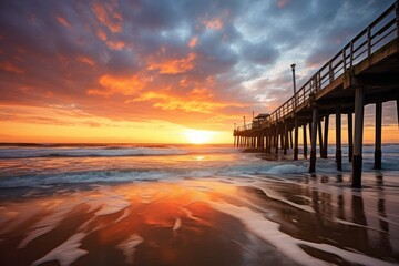 Fototapeta na wymiar Sunset over the pier on the Pacific Ocean in California, USA, long tall pier at sunset, small waves rolling in, AI Generated