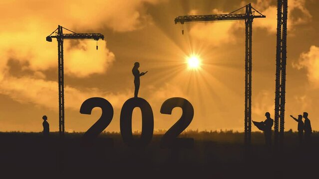 Group silhouette of engineers assembling 2024 number with cranes