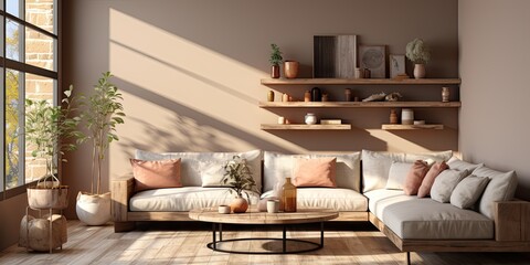 Contemporary apartment home interior design concept, casual design background concept, earthy materials and color tones, details, beautiful concept in the morning sunlight by Generative AI