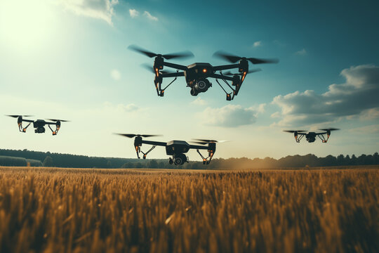 a group of drones flies low over a field
