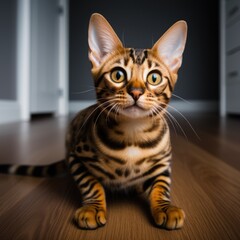 Bengal cat is siting on floor. Cat portrait with amazing eyes looking at camera.