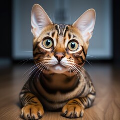 Bengal cat is siting on floor. Cat portrait with amazing eyes looking at camera.