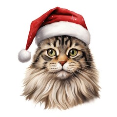 Christmas cat in red Santa Claus hat on white background