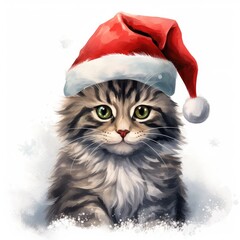 Christmas cat in red Santa Claus hat on white background