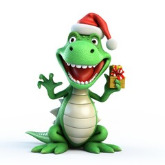 Cute green christmas dragon in santa hat on white background. Year of the Dragon 2024, Chinese calendar, great design of happy dragon.