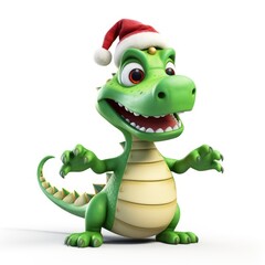 Cute green christmas dragon in santa hat on white background. Year of the Dragon 2024, Chinese calendar, great design of happy dragon.
