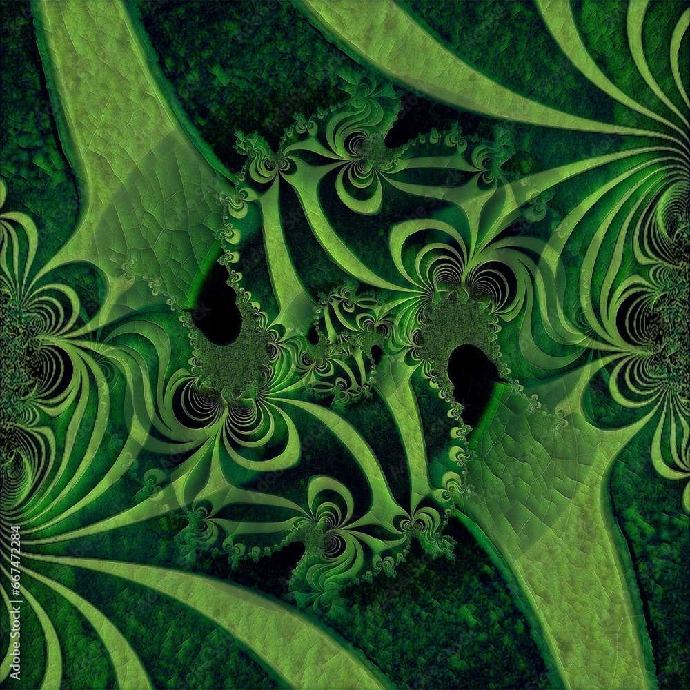 Poster light and dark green textured and complex spiraling pattern and design