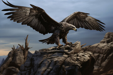 An eagle pounces on its prey on a hill