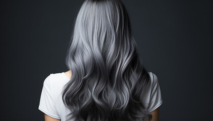 Naklejka premium Captivating shot of a woman's silver-grey hair with a shimmering finish, gracefully falling against a deep black background