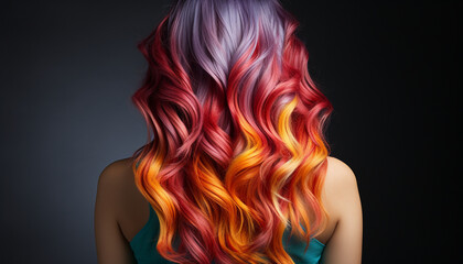 Obraz premium Vibrant cascade of multicolored hair, seamlessly transitioning from red to orange, purple, and teal, set against a dark backdrop