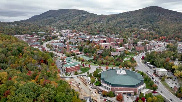 aerial over the appalachian state university campus in boone nc, north carolina