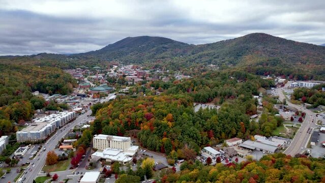 high aerial in autumn over the appalachian state university campus