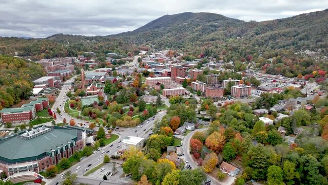 high aerial over boone nc, north carolina and the appalachian state university campus