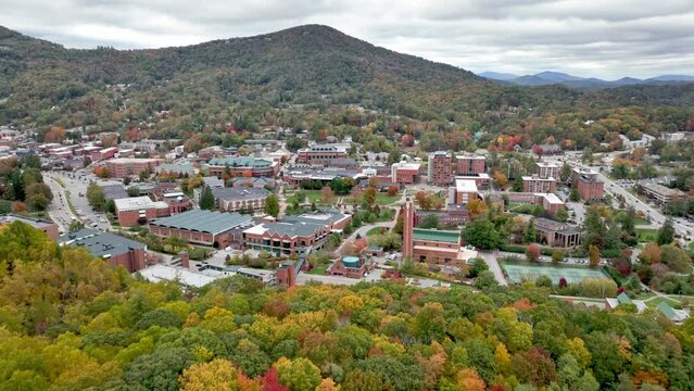 aerial push in in fall to the appalachian state university campus