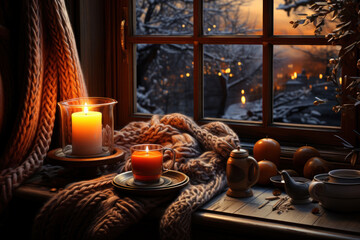 A cup of tea, books, a candle and a knitted scarf on the window background, generative Ai
