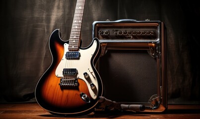 A guitar and amp on a table - obrazy, fototapety, plakaty