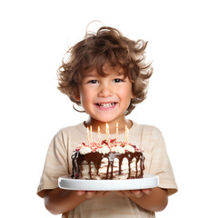 happy kid holding chocolate birthday cake
