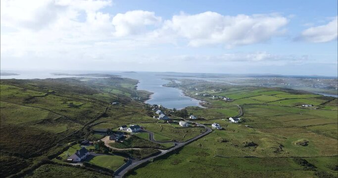 Kenmare Bay in County Kerry, Ireland during Summer Establishing Aerial with Copy Space