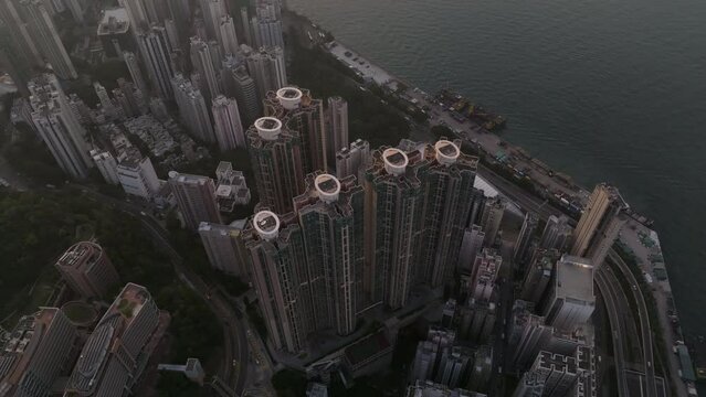 Residential High Rise Buildings, Dense Urban Development, With Pool, The Belcher's, Sai Wan, Hong Kong Island, Aerial Top Down
