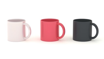 realistic mockup (template, layout) of a mug for drinks perspective view. White, black, red blank isolated cup. 3d render
