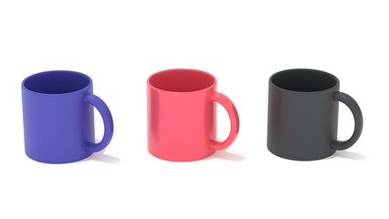 realistic mockup (template, layout) of a mug for drinks perspective view. dark blue, black, red blank isolated cup. 3d render