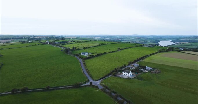 Breathtaking Farmland Landscape in Kerry County, Ireland in Summer - Aerial Drone with Copy Space