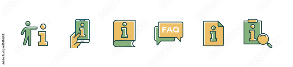 Poster guidebook information document manual instruction icon set business client support reference guidance vector illustration for web and app