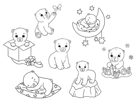 Cute line baby bear set. Cartoon hand drawn vector outline illustrations for coloring book. Baby polar animal isolated on white