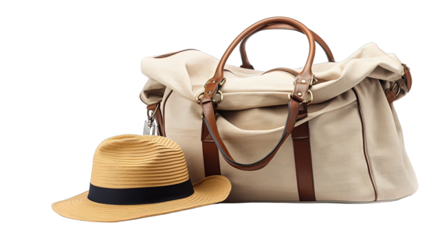 handbag and hat for traveling isolated on white