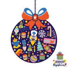 Christmas ball with motifs from the Nutcracker ballet. Cute Christmas illustration.