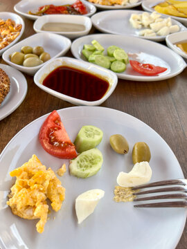 closeup plate for traditional turkish breakfast on table