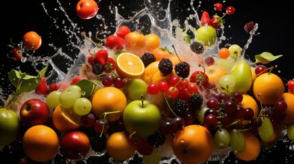  a bunch of fruit that is splashing in the air.  generative ai